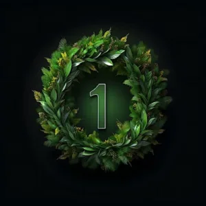 Imagen IA de corona de follage verde con numero 1 en el centro representando el servicio de posicionamiento seo numero uno guatemala estados unidos, mexico y barcelona one agency Pack de Servicio de SEO